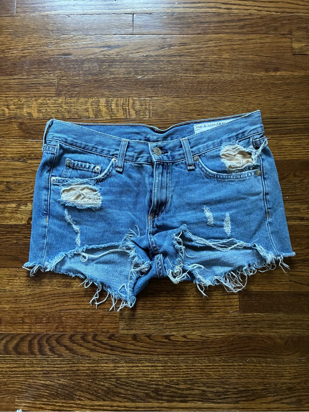 rag & bone distressed denim cutoff shorts in light blue